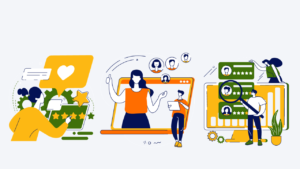 Animated photo of people working together in branded colors of yellow, blue, green and orange