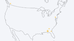 North American map with gold stars in each city our team is located and a building for headquarters. The CTC team is located in Tallahassee, Florida; Jacksonville, Florida; Atlanta, Georgia; Philadelphia, Pennsylvania ; and Vancouver, Canada.