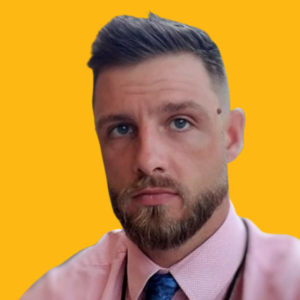 Image of Chad Mayer with a yellow CTC background. He is wearing a pink shirt and a blue tie.